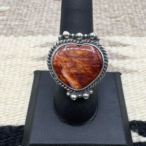 Navajo Native American Sterling Silver Natural Sunset Spiny Oyster Heart Ring 8